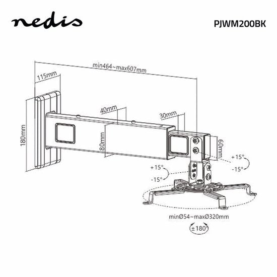 Nedis Projectorbeugel - Draai- en Kantelbaar - 15 kg - Draaibaar - Kantelbaar - Staal - Zwart - afbeelding 2