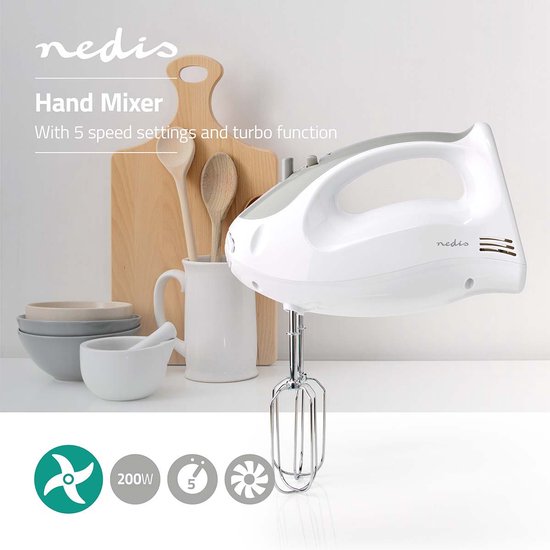 Nedis Handmixer - 200 W - 5-Snelheden - Turbo-functie - 2 Deeghaken / 2 Kloppers - Grijs / Wit - afbeelding 3
