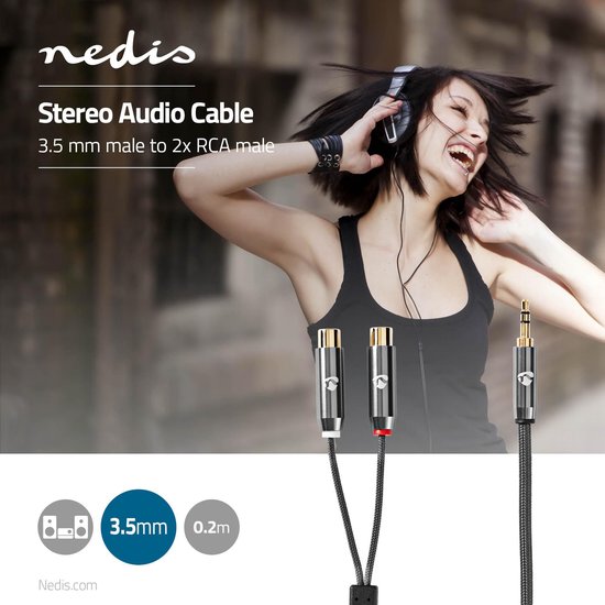Nedis Stereo-Audiokabel - 3,5 mm Male - 2x RCA Female - Verguld - 0.20 m - Rond - Grijs / Gun Metal Grijs - Cover Window Box - afbeelding 2