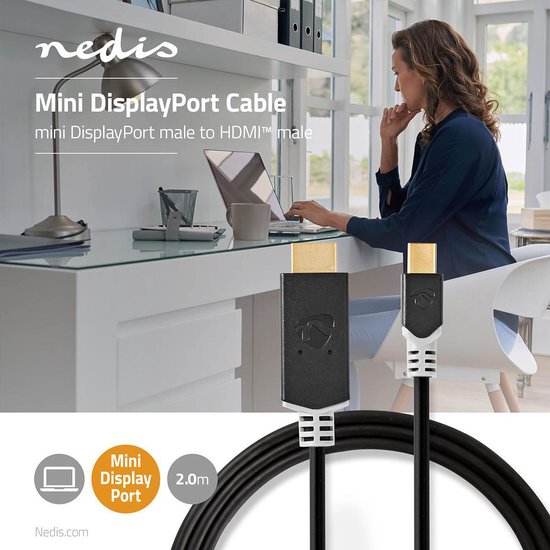 Nedis Mini DisplayPort-Kabel - DisplayPort 1.4 - Mini-DisplayPort Male - HDMI Connector - 48 Gbps - Verguld - 2.00 m - Rond - PVC - Antraciet - Window Box - afbeelding 2