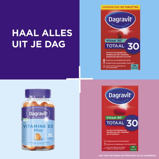 Dagravit Totaal 30 Vitaal 50+ Multivitaminen voordeelverpakking - Vitamine B1, B2, B3, B5, B6, B12 en koper dragen bij aan een goede energiehuishouding - 100 tabletten - afbeelding 10