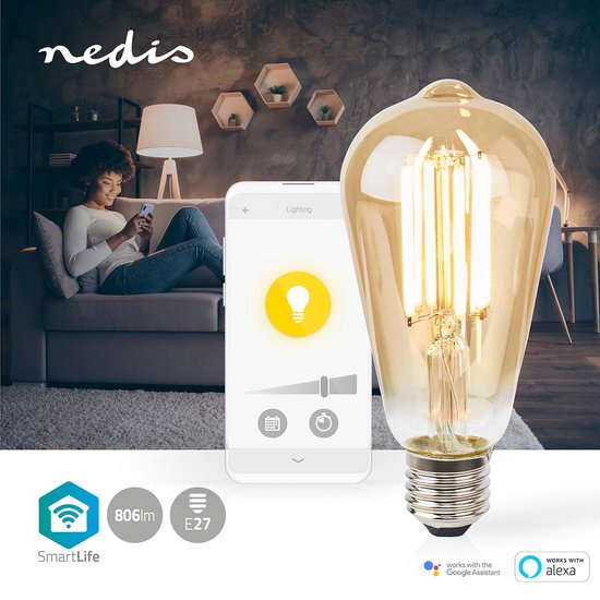 Nedis SmartLife LED Filamentlamp - Wi-Fi - E27 - 806 lm - 7 W - Warm Wit - 1800 - 3000 - Glas - Android / IOS - ST64 - 1 Stuks - afbeelding 3