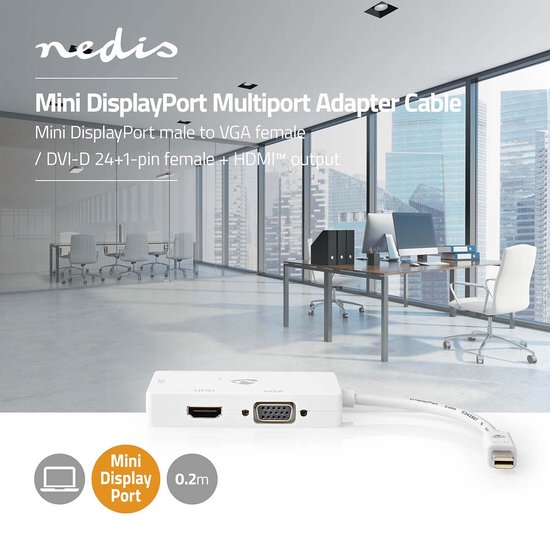 Nedis DisplayPort-Adapter - Mini-DisplayPort Male - DVI-D 24+1-Pins Female / HDMI Output / VGA Female 15p - 4K@60Hz - Vernikkeld - Schakelbaar - 0.20 m - Rond - ABS - ABS - Wit - Polybag - afbeelding 2