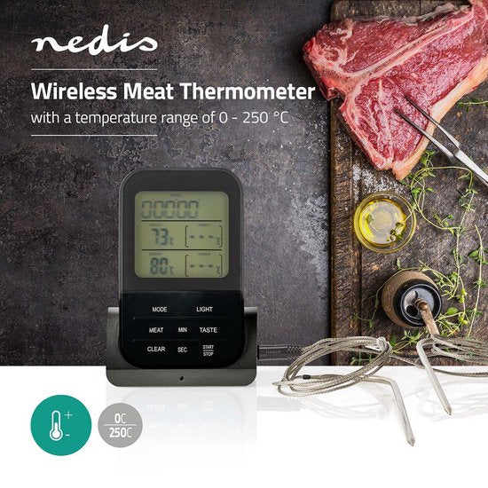 Nedis Vleesthermometer - Alarm / Draadloos / Temperatuurinstelling / Timer - LCD-Scherm - 0 - 250 °C - Zwart - afbeelding 2