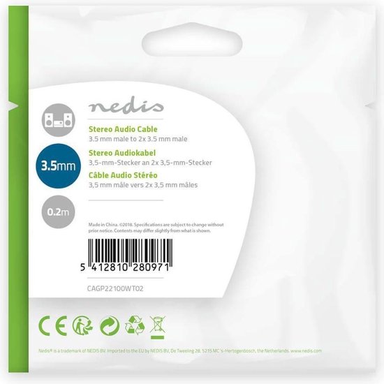 Nedis Stereo-Audiokabel - 3,5 mm Male - 2x 3,5 mm Female - Vernikkeld - 0.20 m - Rond - Wit - Envelop - afbeelding 5