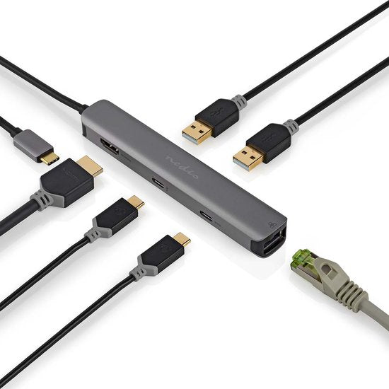 Nedis USB Multi-Port Adapter - USB 3.2 Gen 1 - USB-C Male - HDMI Output / RJ45 Female / 2x USB-A Female / 2x USB-C - 5 Gbps - 0.20 m - Rond - Verguld - PVC - Antraciet - Doos - afbeelding 8