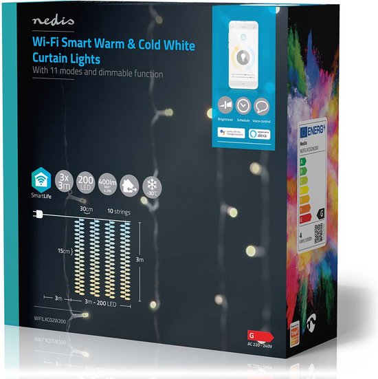 Nedis SmartLife-kerstverlichting - Gordijn - Wi-Fi - Warm tot Koel Wit - 200 LED's - 3.00 m - Android / IOS - afbeelding 1