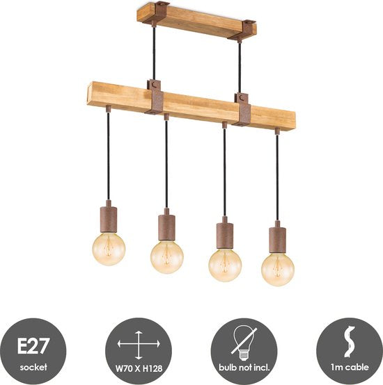 Home Sweet Home - Landelijke Hanglamp Denton - geschikt voor E27 LED lichtbron - 3 lichts hanglamp gemaakt van Hout - 70/14/128cm - Pendellamp - afbeelding 6