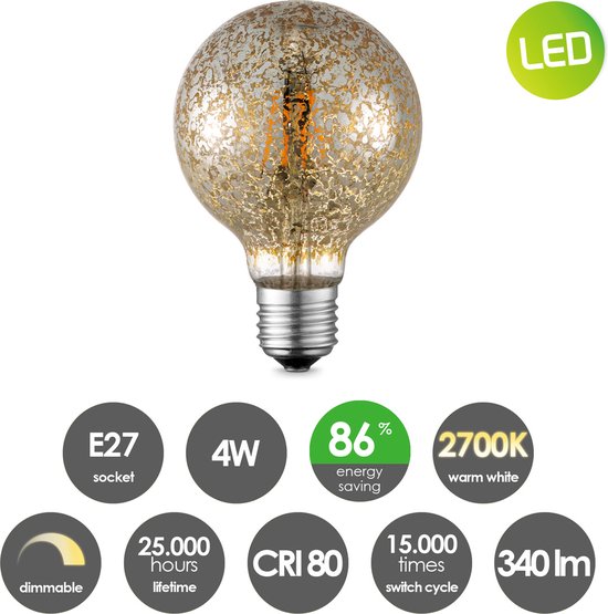 Home Sweet Home - Edison Vintage E27 LED filament lichtbron Globe - Goud - 9.5/9.5/13.5cm - G95 Deco - Retro LED lamp - Dimbaar - 4W 340lm 2700K - - afbeelding 6