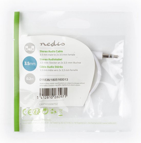 Nedis Stereo-Audiokabel - 3,5 mm Male - 2x 3,5 mm Female - Vernikkeld - 0.20 m - Rond - Wit - Envelop - afbeelding 4
