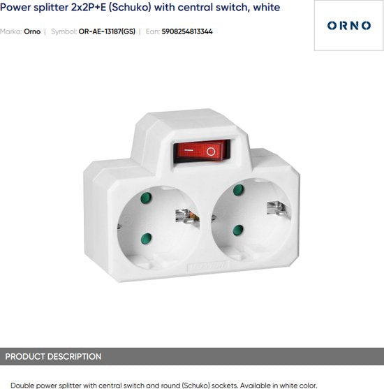 Doorvoerstekker met schakelaar - 2x - Schuko - splitter - verdeelstekker - Wit - afbeelding 3