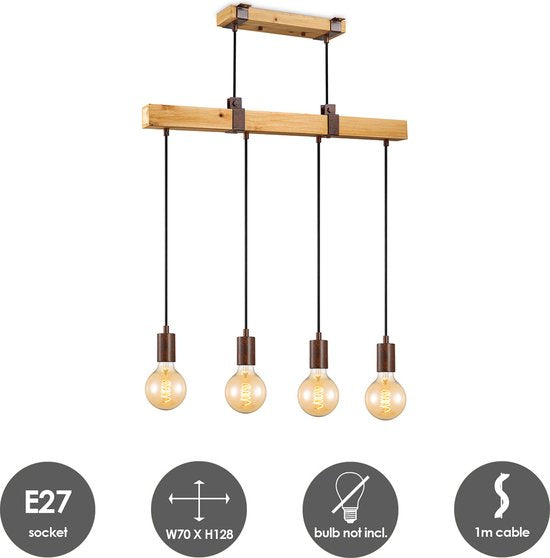 Home Sweet Home - Landelijke Hanglamp Denton - geschikt voor E27 LED lichtbron - 3 lichts hanglamp gemaakt van Hout - 70/14/128cm - Pendellamp - afbeelding 2