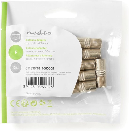 Nedis Satelliet- en Antenne-Adapter - IEC (Coax) Male - F-Female - Vernikkeld - 75 Ohm - Recht - Metaal - Zilver - 10 Stuks - Polybag - afbeelding 5