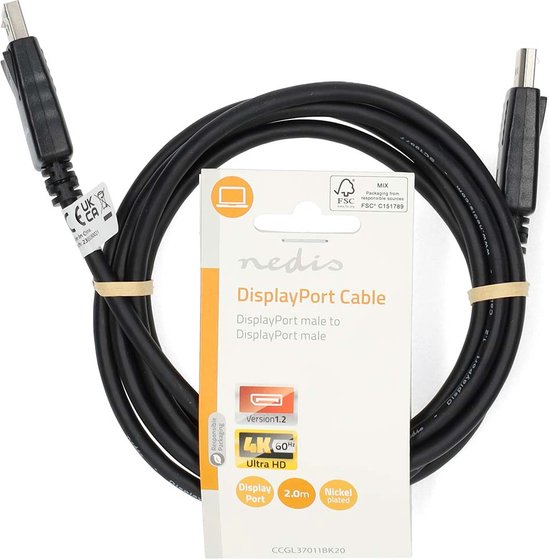 Nedis DisplayPort-Kabel - DisplayPort Male - DisplayPort Male - 4K@60Hz - Vernikkeld - 2.00 m - Rond - PVC - Zwart - Label - afbeelding 2
