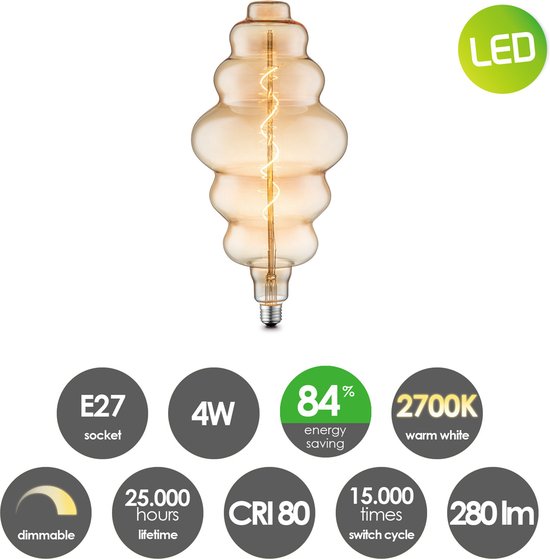 Home Sweet Home - Edison Vintage E27 LED filament lichtbron Spiraal - Amber - 18/18/38cm - Dimbaar - 4W 280lm 2700K - warm wit licht - geschikt - afbeelding 5