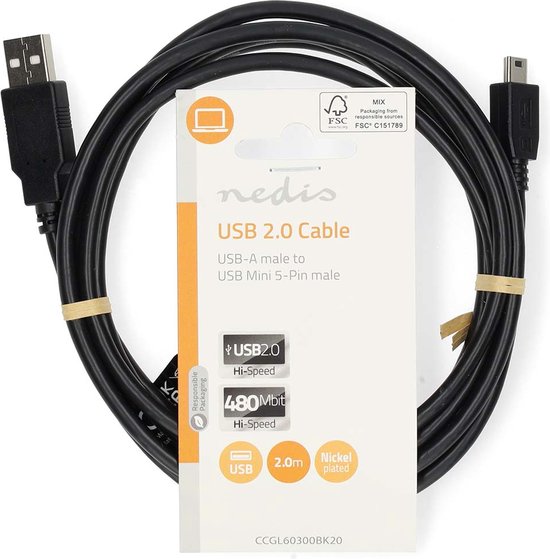 Nedis USB-Kabel - USB 2.0 - USB-A Male - USB Mini-B 5-Pins Male - 480 Mbps - Vernikkeld - 3.00 m - Rond - PVC - Zwart - Label - afbeelding 2