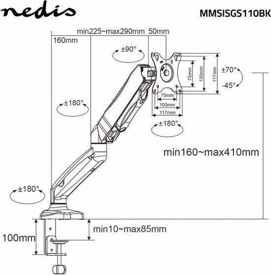 Nedis Monitorbeugel voor Bureaus - Gasveer - 15 - 32 " - 75x75 / 100x100 - Draai- en Kantelbaar - afbeelding 16