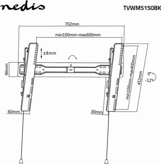 Nedis Kantelbare TV-Muurbeugel - 37-70 " - Maximaal schermgewicht: 35 kg - Kantelbaar: -12 ° - Minimale muurafstand: 30 mm - Staal - Zwart - afbeelding 9
