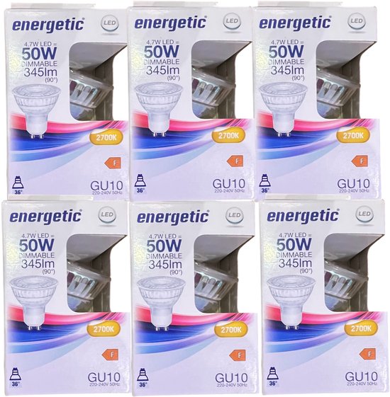 6 x GU10 Spot Led Lamp Dimbaar Energetic - 4,7W - Vervangt 50W Warm Wit - afbeelding 1