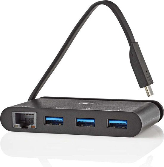 Nedis USB Multi-Port Adapter - USB 3.1 - USB-C Male - RJ45 Female / 3x USB-A - Rond - Vernikkeld - Zwart - Window Box met Euro Lock - afbeelding 5