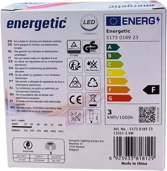 3 Stuks (doosje van 3) Energetic Kaars E14 Warm Wit (2700K) 2,9 W (25 W) - afbeelding 2