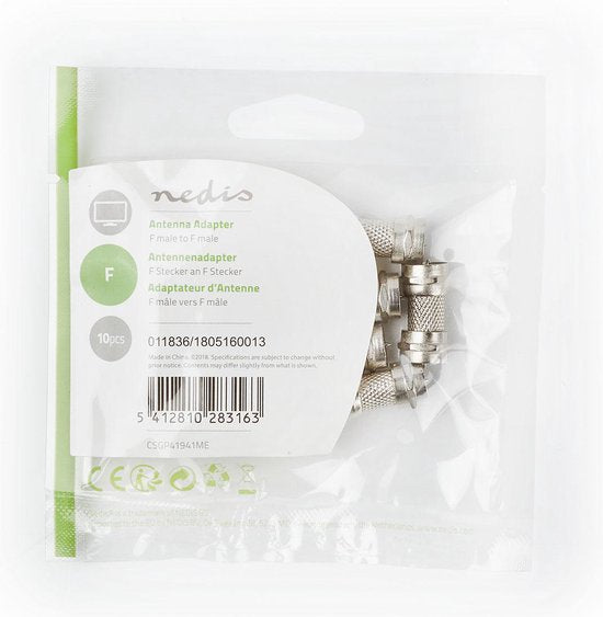 Nedis Satelliet- en Antenne-Adapter - F-Female - F-Female - Vernikkeld - 75 Ohm - Recht - Metaal - Zilver - 10 Stuks - Polybag - afbeelding 2
