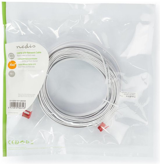Nedis CAT6 Netwerkkabel - RJ45 Male - RJ45 Male - U/UTP - 10.0 m - Snagless - Plat - PVC - Wit - Envelop - afbeelding 3