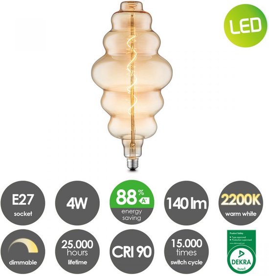 Home Sweet Home - Edison Vintage E27 LED filament lichtbron Spiraal - Amber - 18/18/38cm - Dimbaar - 4W 280lm 2700K - warm wit licht - geschikt - afbeelding 8