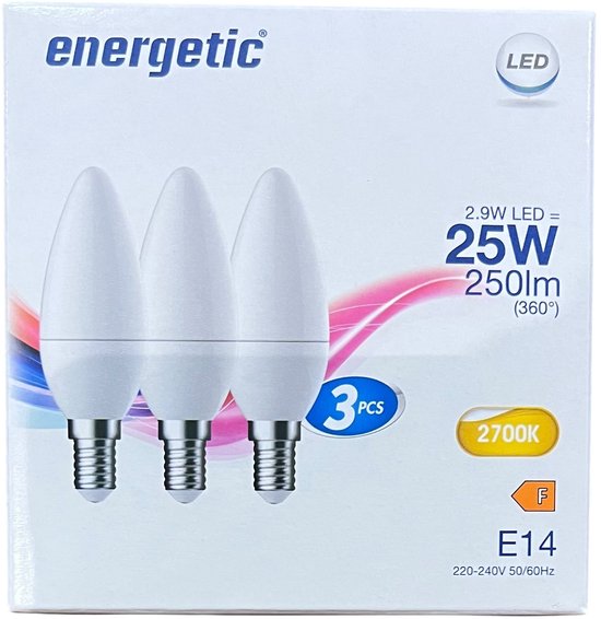 3 Stuks (doosje van 3) Energetic Kaars E14 Warm Wit (2700K) 2,9 W (25 W) - afbeelding 1