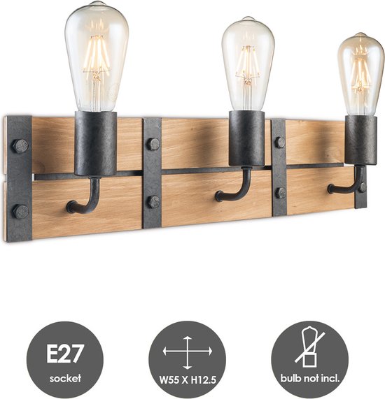 Home Sweet Home - Industriële Wandlamp Denton - Muurlamp gemaakt van hout - Antraciet - 55/11/13cm - wandlamp geschikt voor woonkamer, slaapkamer- geschikt voor E27 LED lichtbron - afbeelding 2