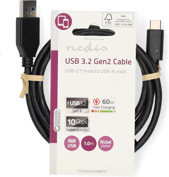 Nedis USB-Kabel - USB 3.2 Gen 2 - USB-A Male - USB-C Male - 60 W - 10 Gbps - Vernikkeld - 1.00 m - Rond - PVC - Zwart - Label - afbeelding 2
