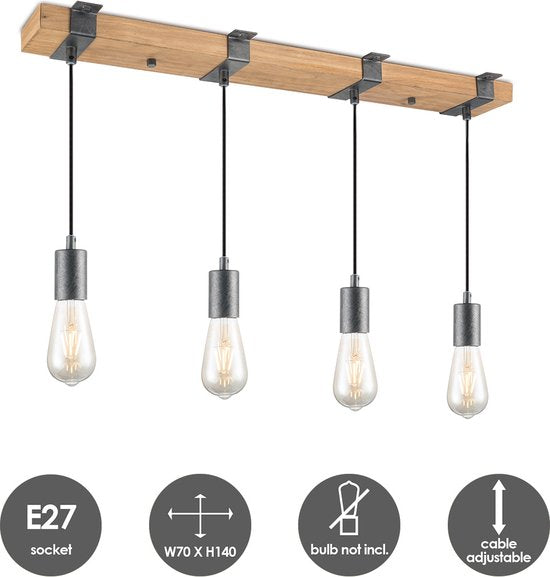 Home Sweet Home - Landelijke Hanglamp Denton - geschikt voor E27 LED lichtbron - 3 lichts hanglamp gemaakt van Hout - 70/14/110cm - Pendellamp - afbeelding 4