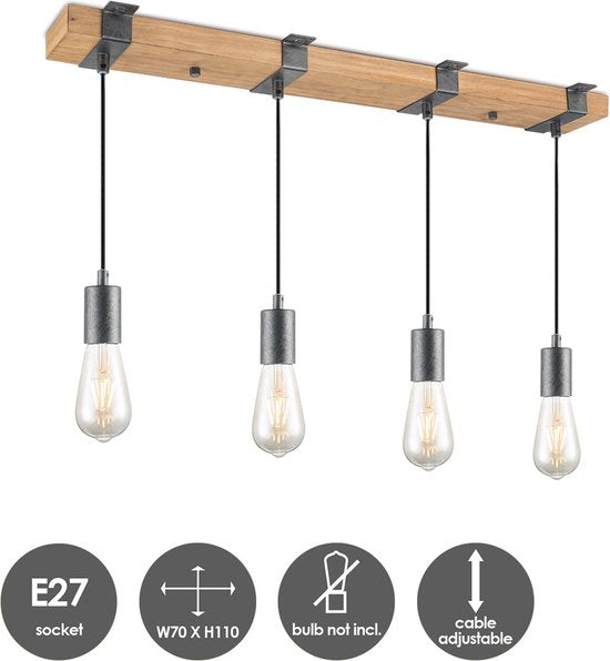 Home Sweet Home - Landelijke Hanglamp Denton - geschikt voor E27 LED lichtbron - 3 lichts hanglamp gemaakt van Hout - 70/14/110cm - Pendellamp - afbeelding 2