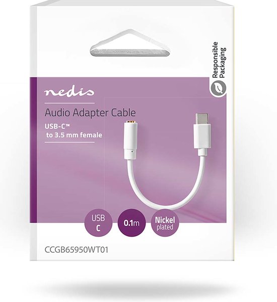 Nedis USB-C Adapter - USB 2.0 - USB-C Male - 3,5 mm Female - 0.10 m - Rond - Vernikkeld - PVC - Wit - Doos - afbeelding 4