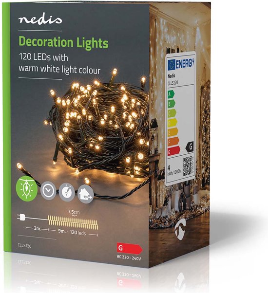 Nedis Kerstverlichting - Koord - 120 LED's - Warm Wit - 9.00 m - Licht effecten: 7 - Binnen & Buiten - Netvoeding - afbeelding 1