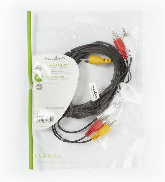 Nedis Composiet Videokabel - 3x RCA Male - 3x RCA Male - Vernikkeld - 480p - 3.00 m - Rond - PVC - Zwart - Envelop - afbeelding 2