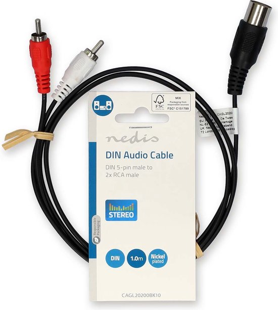 Nedis DIN-Audiokabel - DIN 5-Pins Male - 2x RCA Male - Vernikkeld - 1.00 m - Rond - PVC - Zwart - Label - afbeelding 2