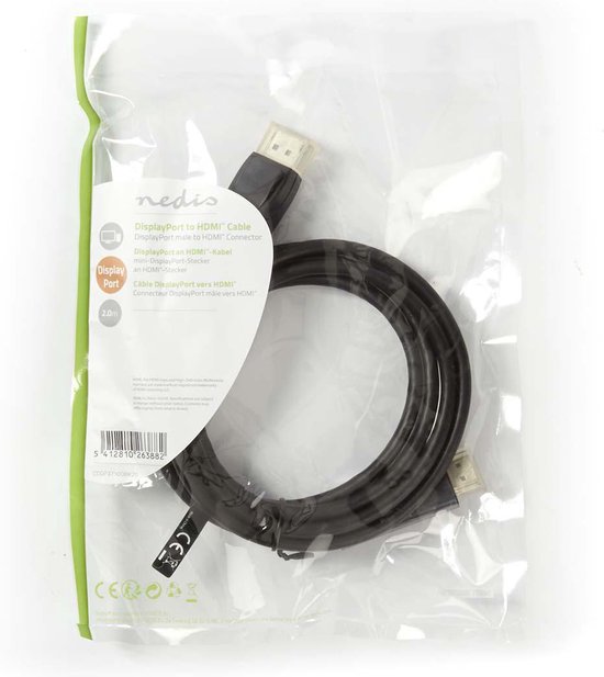 Nedis DisplayPort-Kabel - DisplayPort Male - HDMI Connector - 1080p - Vernikkeld - 2.00 m - Rond - PVC - Zwart - Envelop - afbeelding 3