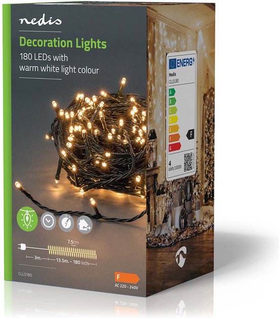 Nedis Kerstverlichting - Koord - 180 LED's - Warm Wit - 13.50 m - Licht effecten: 7 - Binnen & Buiten - Netvoeding - afbeelding 1