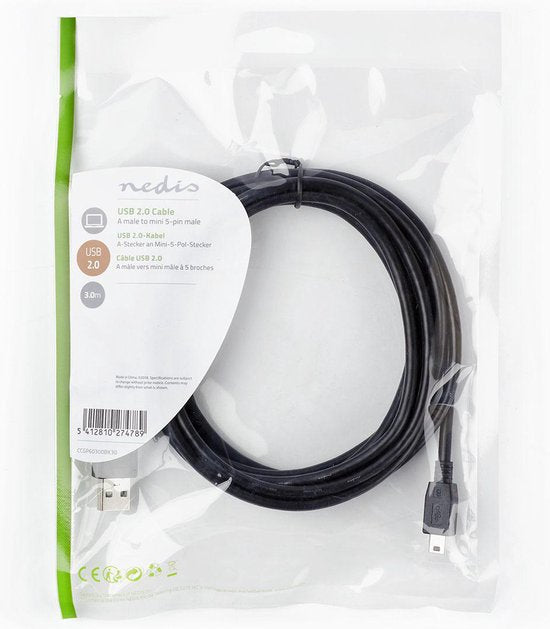 Nedis USB-Kabel - USB 2.0 - USB-A Male - USB Mini-B 5-Pins Male - 480 Mbps - Vernikkeld - 3.00 m - Rond - PVC - Zwart - Label - afbeelding 4