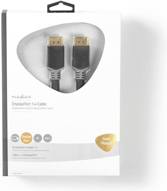 Nedis DisplayPort-Kabel - DisplayPort Male - DisplayPort Male - 8K@60Hz - Verguld - 3.00 m - Rond - PVC - Antraciet - Doos - afbeelding 3
