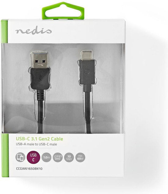 Nedis USB-Kabel - USB 3.2 Gen 2 - USB-A Male - USB-C Male - 60 W - 10 Gbps - Vernikkeld - 1.00 m - Rond - PVC - Zwart - Doos - afbeelding 3