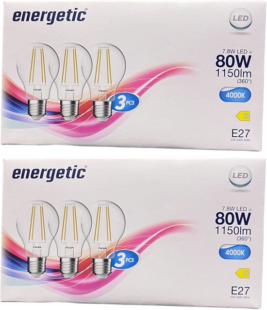 6 stuks (2 x 3) Energetic Filament LED lamp A60 (peer model) helder wit (4000 K) 7,8 Watt ( 80 w ) - afbeelding 1