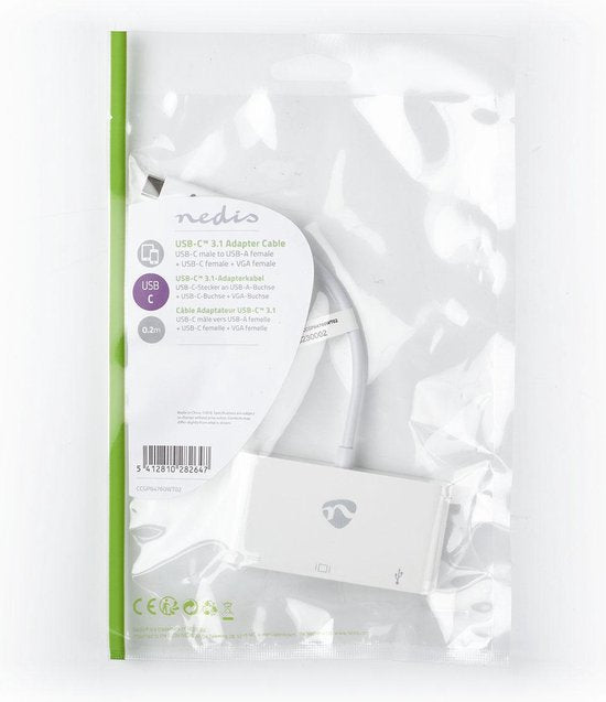 Nedis USB Multi-Port Adapter - 3-in-1 - USB 3.1 - USB-C Male - USB-A Female / USB-C Female / VGA Female 15p - 5 Gbps - 0.20 m - Rond - Vernikkeld - PVC - Wit - Blister - afbeelding 3