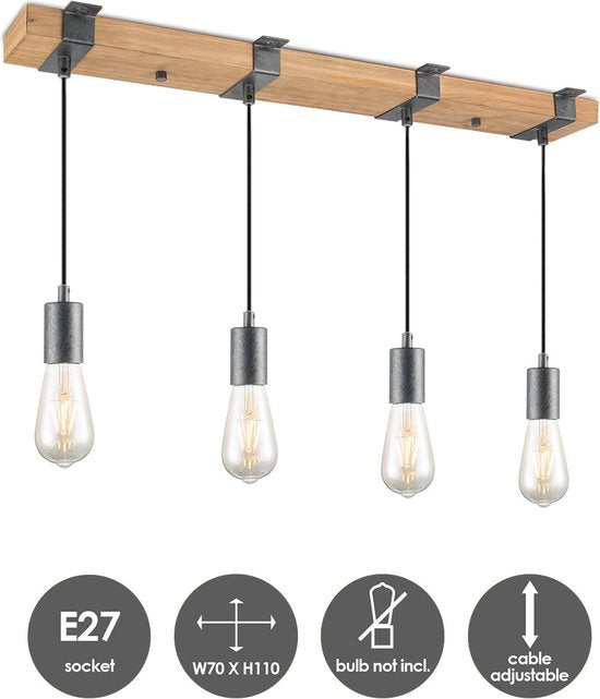 Home Sweet Home - Landelijke Hanglamp Denton - geschikt voor E27 LED lichtbron - 3 lichts hanglamp gemaakt van Hout - 70/14/110cm - Pendellamp - afbeelding 3