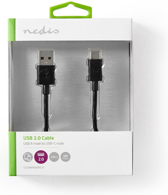 USB-Kabel - USB 2.0 - USB-A Male - USB-C Male - W - 480 Mbps - Vernikkeld - m - Rond - PVC - afbeelding 4