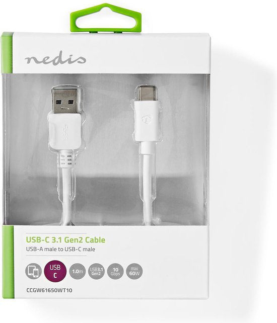 Nedis USB-Kabel - USB 3.2 Gen 2 - USB-A Male - USB-C Male - 60 W - 10 Gbps - Vernikkeld - 1.00 m - Rond - PVC - Wit - Doos - afbeelding 3
