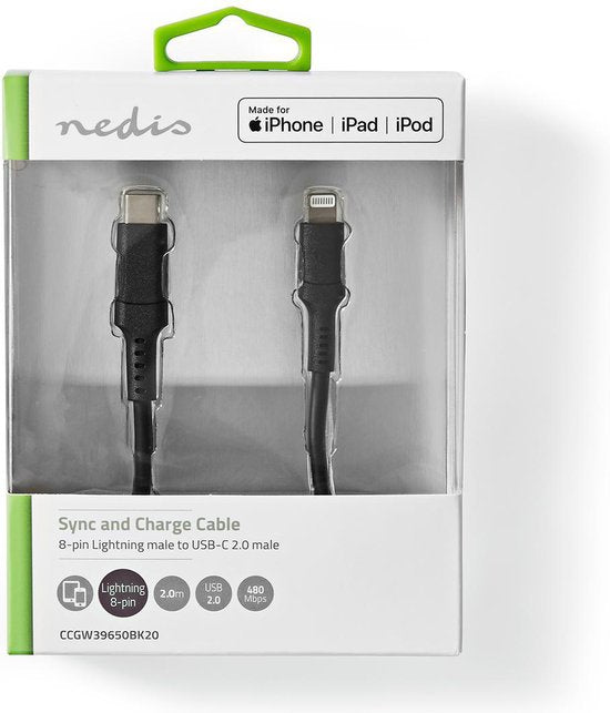 Nedis Lightning Kabel - USB 2.0 - Apple Lightning 8-Pins - USB-C Male - 480 Mbps - Vernikkeld - 2.00 m - Rond - PVC - Zwart - Doos - afbeelding 4