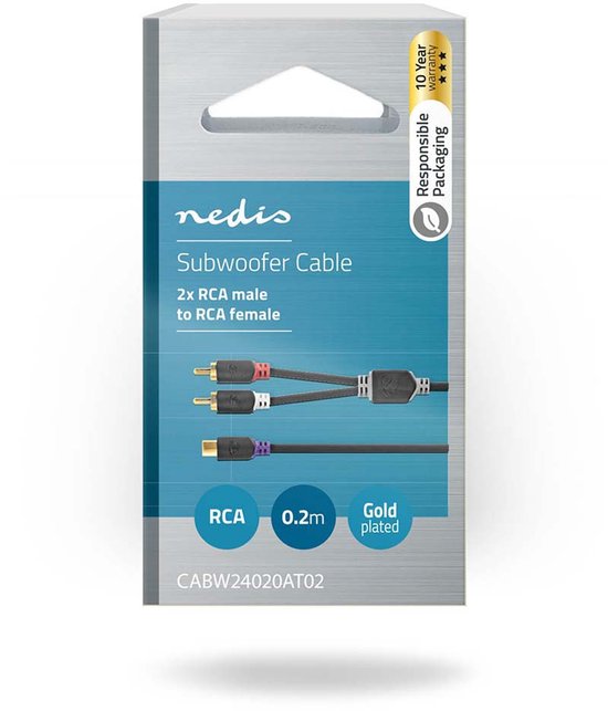 Nedis Stereo-Audiokabel - 2x RCA Male - RCA Female - Verguld - 0.20 m - Rond - Antraciet - Doos - afbeelding 2
