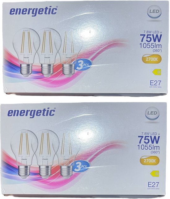 6 stuks (2 x 3) Energetic Filament LED lamp A60 (peer model) warm wit 7,8 Watt ( 75w ) - afbeelding 1